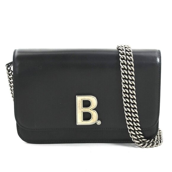 Auth BALENCIAGA Chain Wallet Crossbody Bag Black Leather/SIlvertone - t19595a - Picture 1 of 15